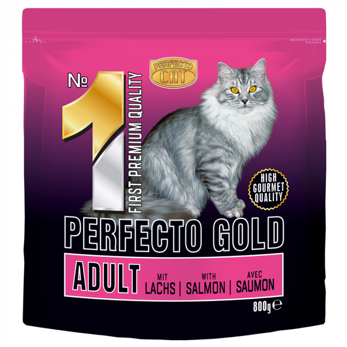 Hrana umeda pentru pisici Perfecto Cat Gold, Adult, somon, 800g