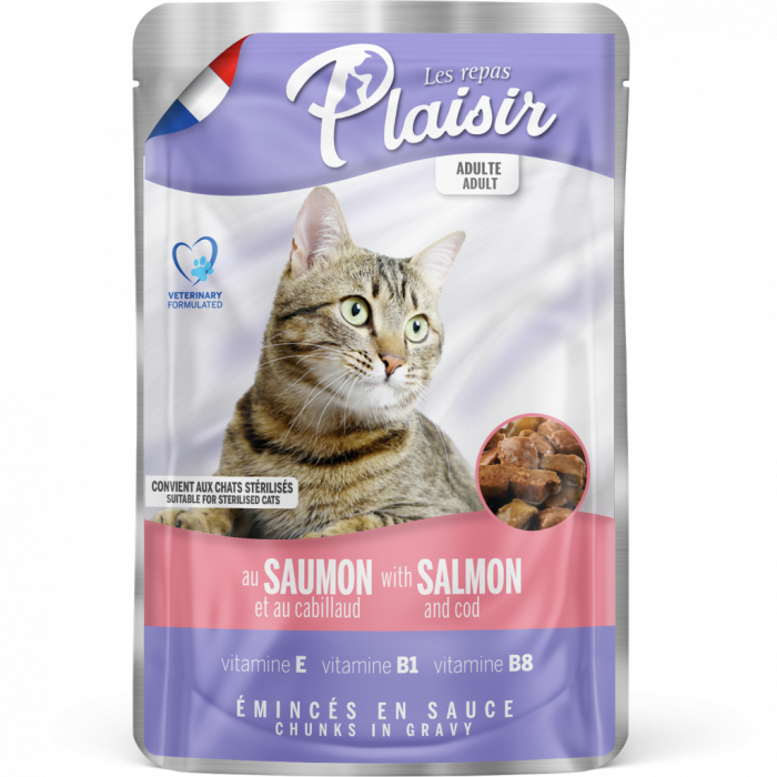 Hrana umeda pentru pisici Plaisir, Sterilizat, Somon si cod, 100g