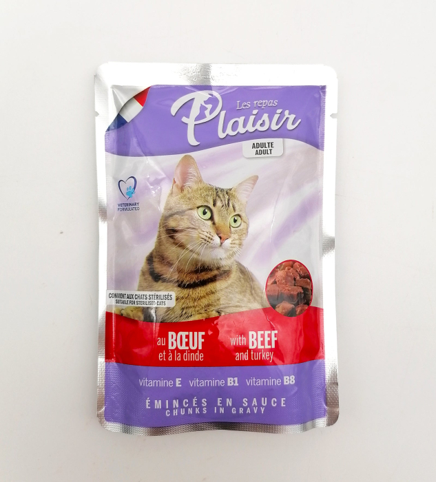 Hrana umeda pentru pisici, Plaisir, cu vita, pentru pisici adulte si sterilizate, 100 g, [3]