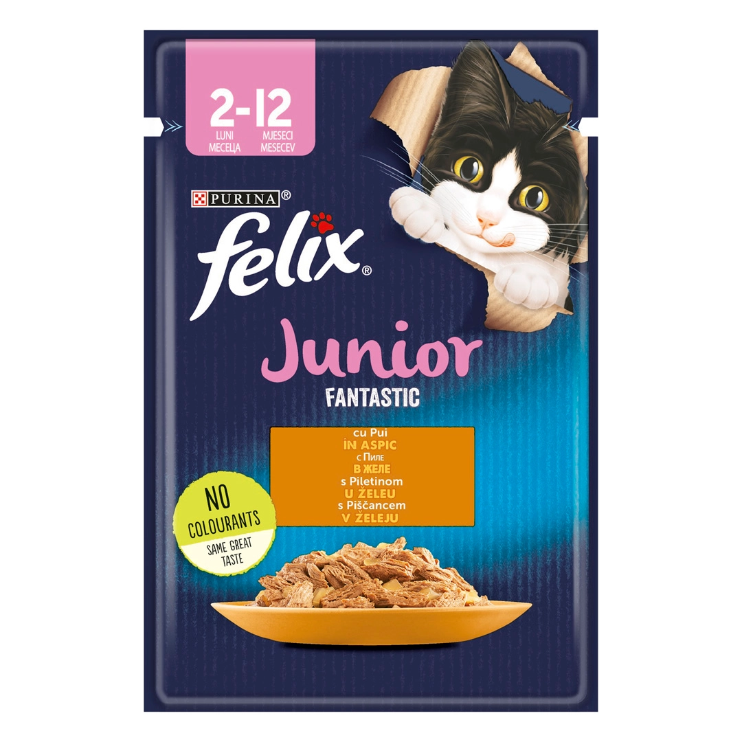 Hrana umeda pentru pisici Purina Felix Fantastic  Junior, Pui in aspic, 26 x 85g