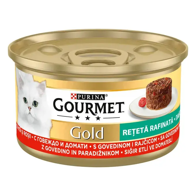 Hrana umeda pentru pisici Purina Gourmet Gold Savoury Cake, Vita si rosii, 85g