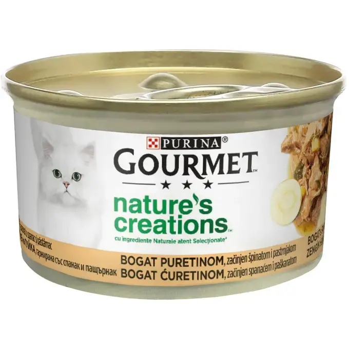 Hrana umeda pentru pisici Purina Gourmet Nature s Creations, Curcan, pastarnac  si  spanac, 85g