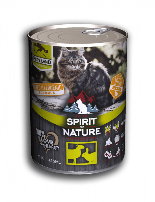 Hrana umeda pentru pisici Spirit of Nature, Iepure si miel, Hipoalergenic, 75% carne, 415g