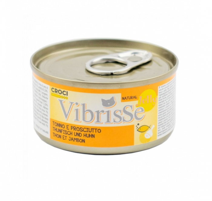 Hrana umeda pentru pisici Vibrisse Jelly, Ton si sunca de pui in aspic, 70g