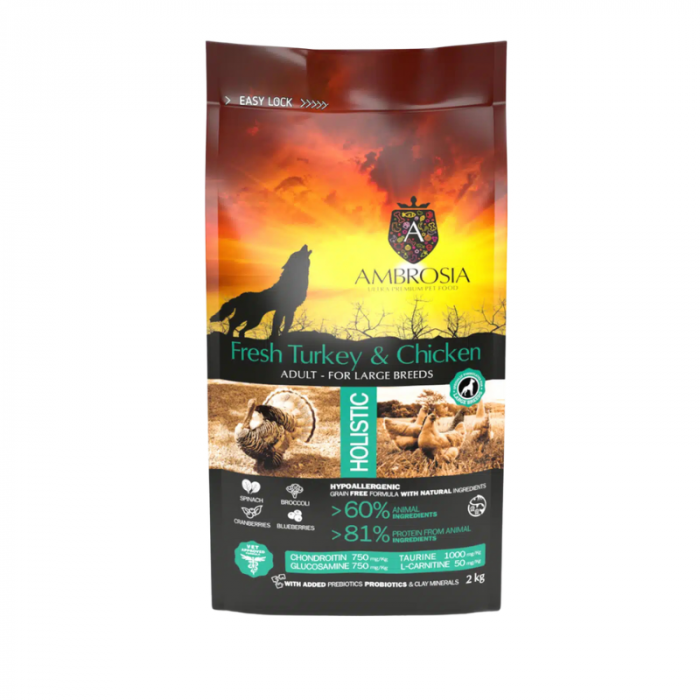 Hrana uscata pentru caini Ambrosia Adult, Curcan proaspat si pui, hipoalergenic, fara cereale, 12kg [3]