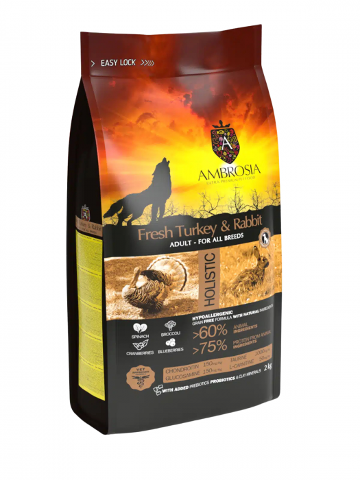 Hrana uscata pentru caini Ambrosia Adult, Curcan si iepure, hipoalergenic, fara cereale, 12kg