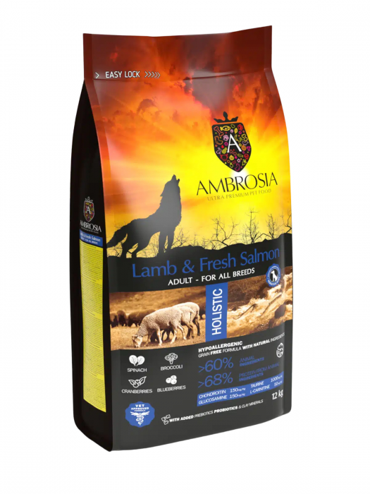 Hrana uscata pentru caini Ambrosia Adult, Miel si somon, hipoalergenic, fara cereale, 12kg
