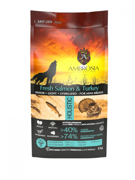 Hrana uscata pentru caini Ambrosia Adult Mini Senior Steril, Somon si curcan, hipoalergenic, fara cereale, 1.5kg [3]