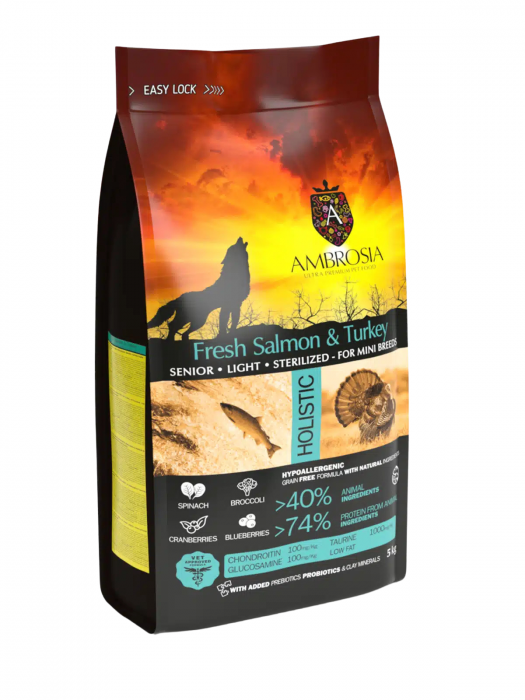Hrana uscata pentru caini Ambrosia Adult Mini Senior Steril, Somon si curcan, hipoalergenic, fara cereale, 1.5kg