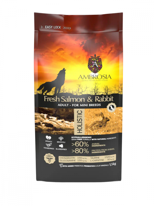 Hrana uscata pentru caini Ambrosia Adult Mini, Somon si iepure, hipoalergenic, fara cereale, 1.5kg [3]