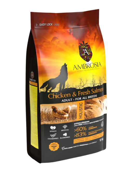 Hrana uscata pentru caini Ambrosia Adult, Pui si somon, hipoalergenic, fara cereale, 2kg