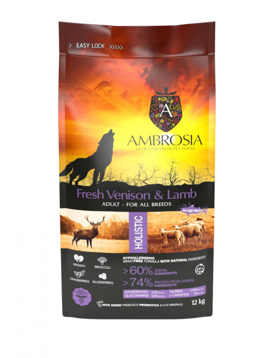 Hrana uscata pentru caini Ambrosia Adult, Vanat si miel, hipoalergenic, fara cereale, 12kg [3]