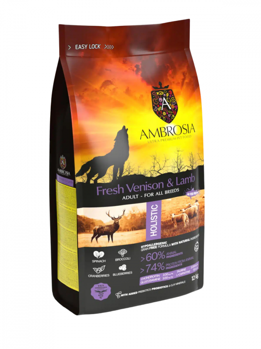 Hrana uscata pentru caini Ambrosia Adult, Vanat si miel, hipoalergenic, fara cereale, 12kg