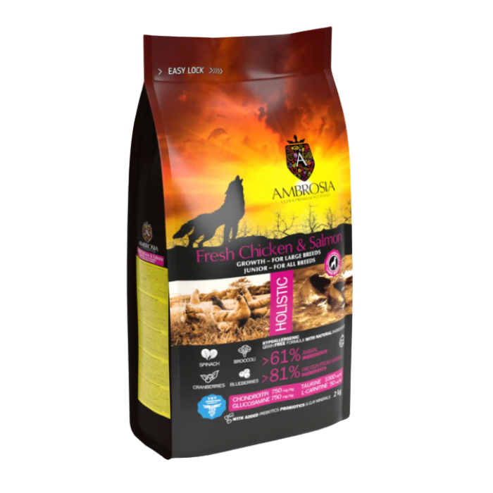 Hrana uscata pentru caini Ambrosia Junior, Pui proaspat si somon, hipoalergenic, fara cereale, 12kg [1]