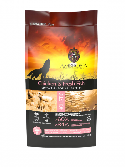 Hrana uscata pentru caini Ambrosia Junior, Pui si peste, hipoalergenic, fara cereale, 6 Kg [2]