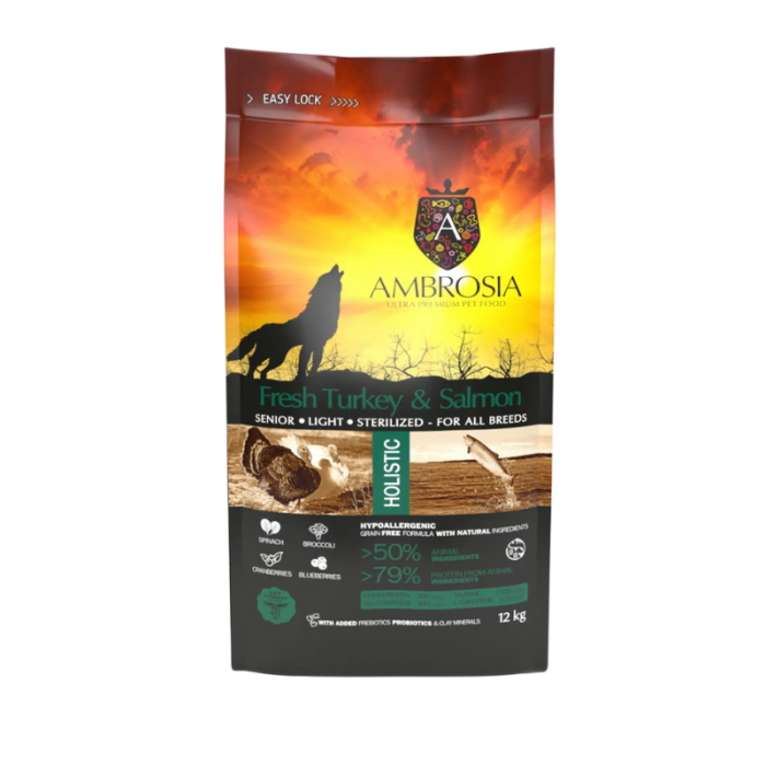 Hrana uscata pentru caini Ambrosia Senior Sterilized, Curcan proaspat si somon, hipoalergenic, fara cereale, 12kg [3]