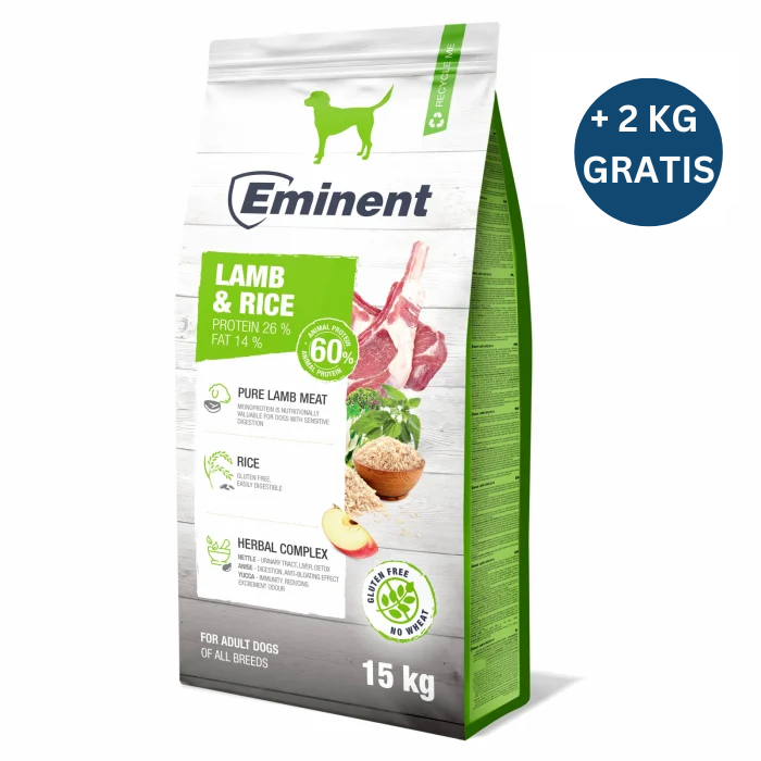 Hrana uscata pentru caini Eminent Adult, fara gluten, miel si orez, 15kg + 2kg