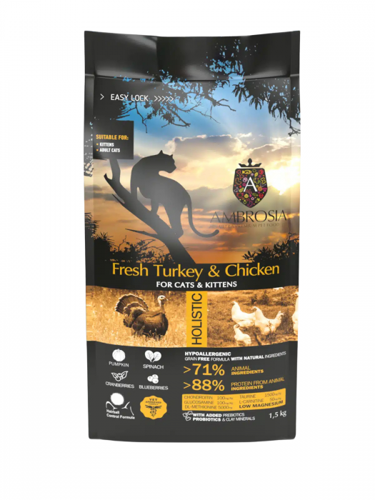 Hrana uscata pentru pisici Ambrosia Kitten, Curcan si pui, hipoalergenic, fara cereale, 5kg [2]