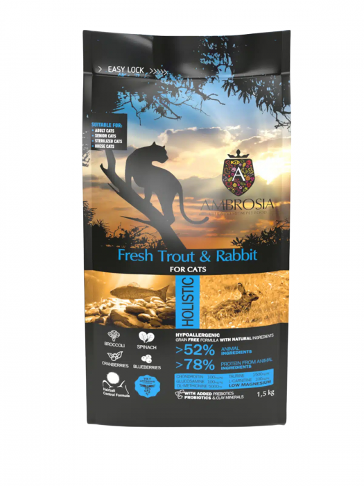 Hrana uscata pentru pisici Ambrosia Steril, Pastrav si iepure, hipoalergenic, fara cereale, 5kg [2]