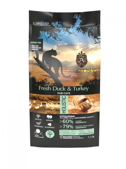 Hrana uscata pentru pisici Ambrosia Steril, Rata si curcan, hipoalergenic, fara cereale, 5kg [2]