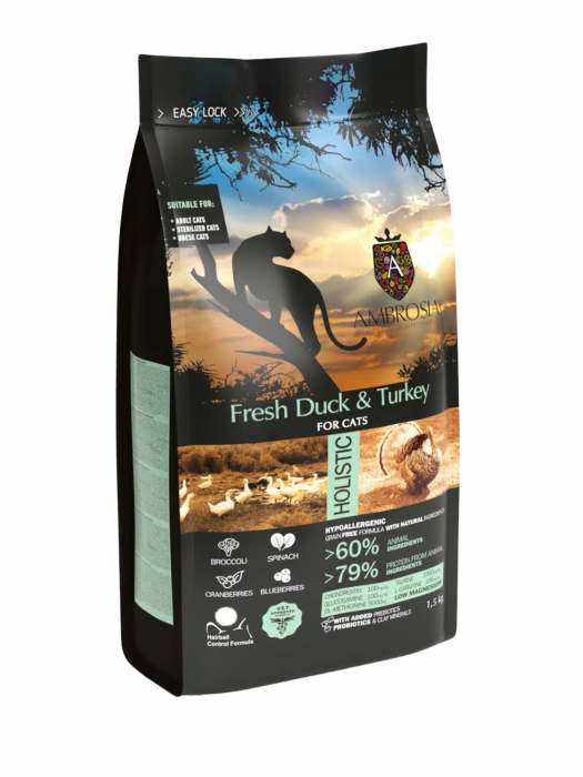 Hrana uscata pentru pisici Ambrosia Steril, Rata si curcan, hipoalergenic, fara cereale, 1.5kg
