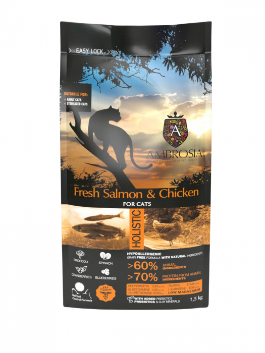 Hrana uscata pentru pisici Ambrosia Steril, Somon si pui, hipoalergenic, fara cereale, 1.5kg [2]