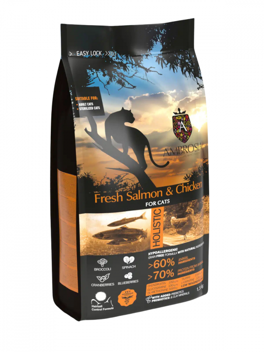 Hrana uscata pentru pisici Ambrosia Steril, Somon si pui, hipoalergenic, fara cereale, 1.5kg