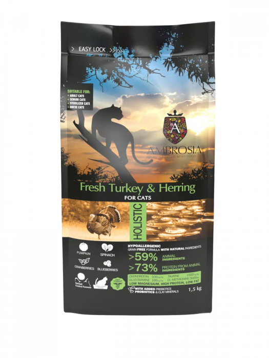 Hrana uscata pentru pisici Ambrosia Steril, Curcan si hering, hipoalergenic, fara cereale, 5kg [2]