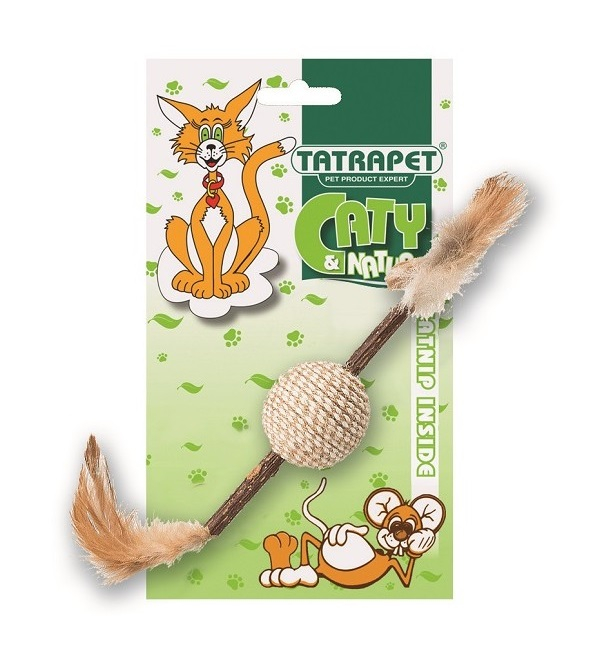 Jucarie pentru pisici Tatrapet Caty Natural, bat cu minge si pene, 24 cm