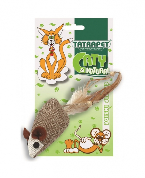 Jucarie pentru pisici Tatrapet Caty Natural, soarece textil, pene si catnip, 5 cm