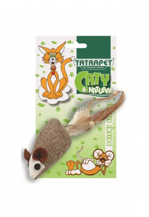 Jucarie pentru pisici Tatrapet Caty Natural, soarece textil, pene si catnip, 5 cm