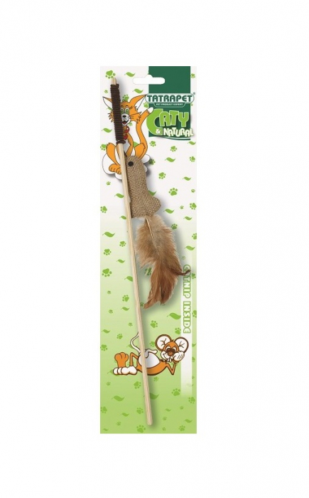 Jucarie pentru pisici Tatrapet Caty Natural, undita cu soarece, pene si catnip, 40 cm