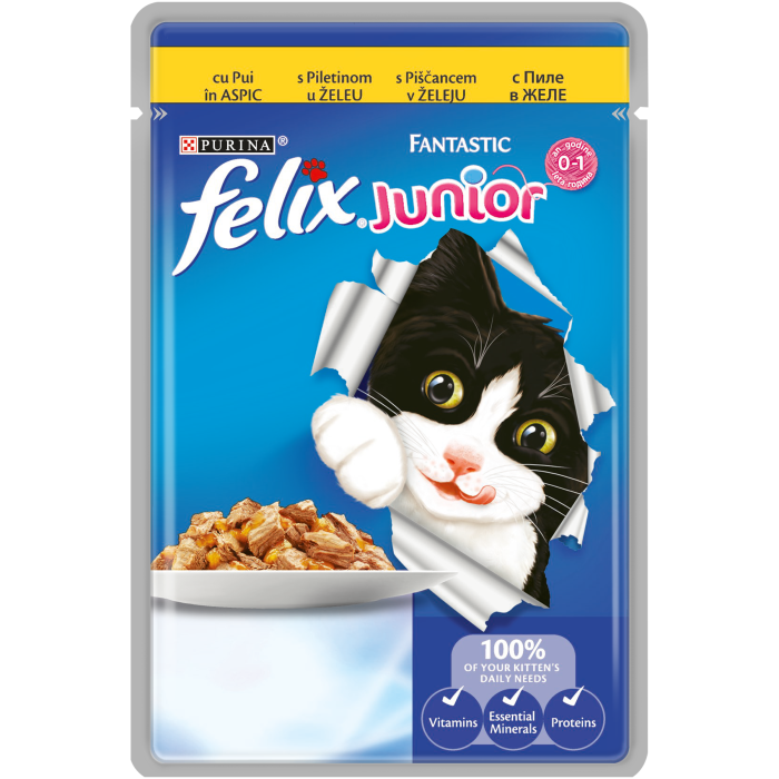 PURINA FELIX FANTASTIC Junior Pui in Aspic, hrana umeda pentru pisici, 85 g