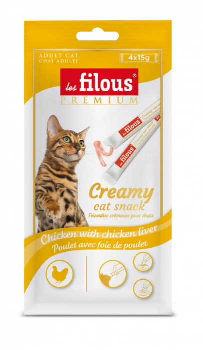 Recompense cremoase pentru pisici Les Filous, Pui si ficat de pui, 4 x 15g