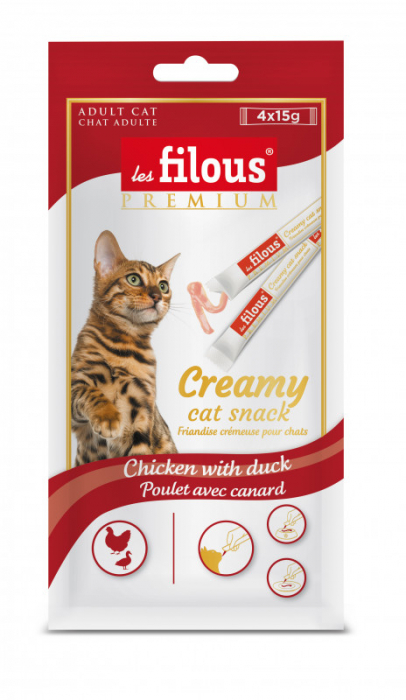 Recompense cremoase pentru pisici Les Filous, Pui si rata, 4 x 15g