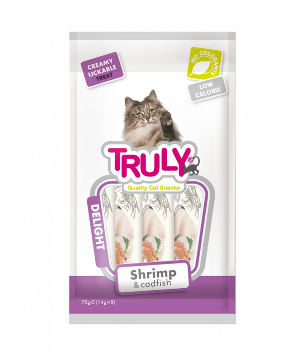 Recompense cremoase pentru pisici, Truly, creveti si cod, 14g x 5 bucati