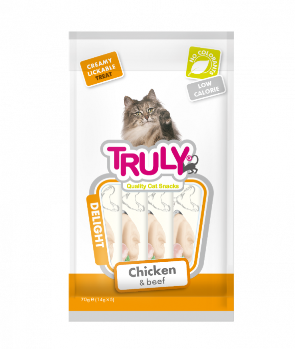 Recompense cremoase pentru pisici, Truly, pui si vita, 14g x 5 bucati