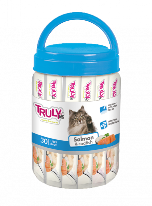 Recompense cremoase pentru pisici, Truly, somon si cod, 420g, 30 bucati