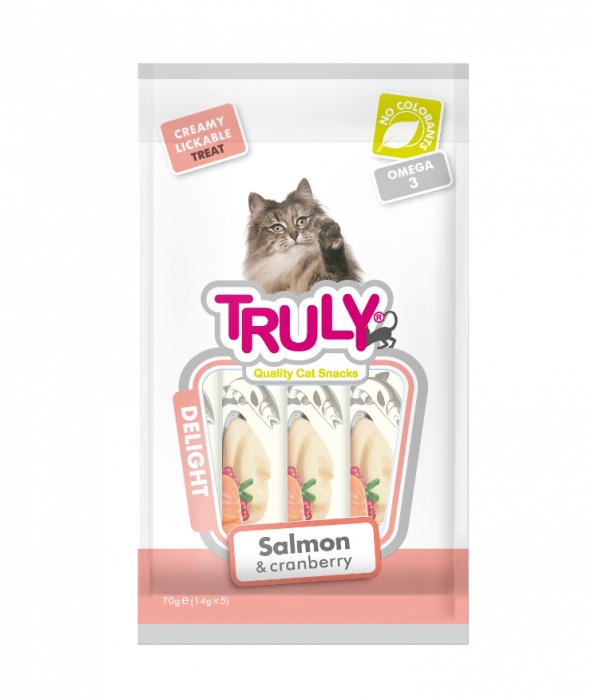 Recompense cremoase pentru pisici, Truly, somon si merisoare, 14g x 5 bucati