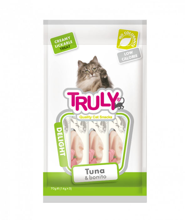 Recompense cremoase pentru pisici, Truly, ton si peste bonito, 14g x 5 bucati