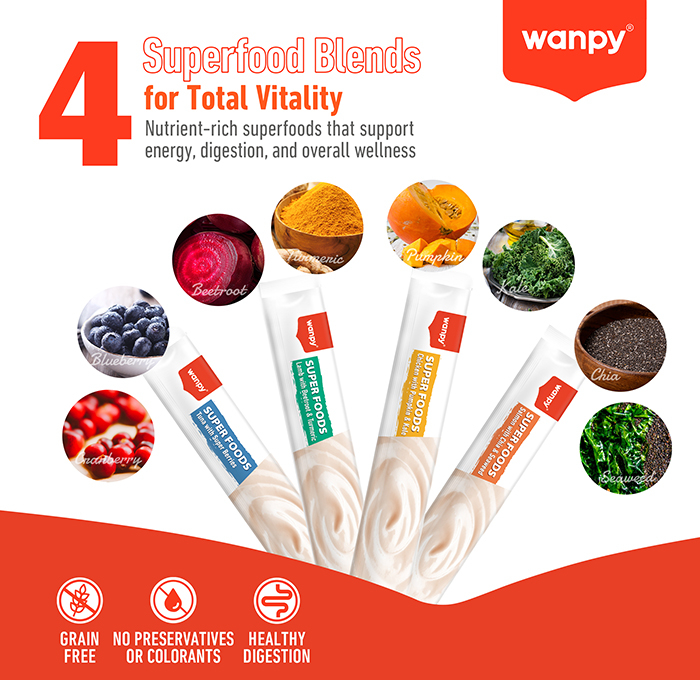 Recompense cremoase pentru pisici Wanpy Superfoods, cu Somon, seminte de chia si alge marine, Grain Free, 5 x 14g [7]
