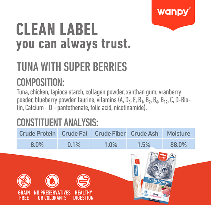 Recompense cremoase pentru pisici Wanpy Superfoods, cu Ton si fructe de padure, 5 x 14g [3]
