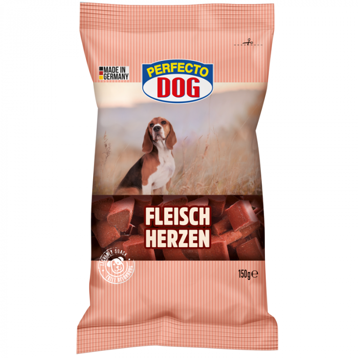 Recompense pentru caini Perfecto Dog, inimioare cu carne, 150g