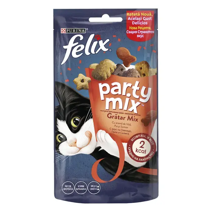 Recompense pentru pentru pisici Purina Felix Party Mix Mixed Grill, Pui, vita si somon, 60g