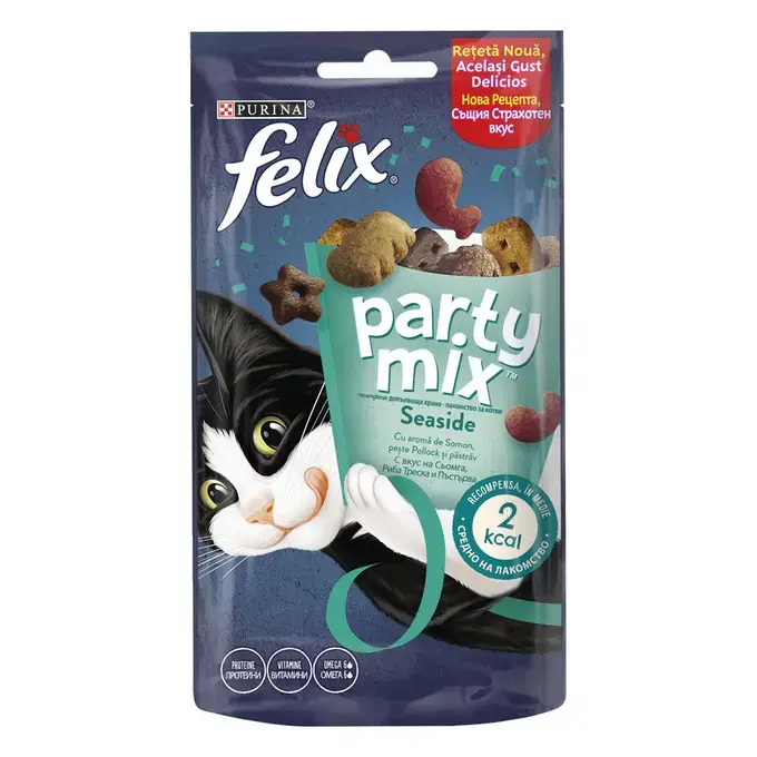 Recompense pentru pentru pisici Purina Felix Party Mix Ocean Mix, Somon, peste Pollock si pastrav, 60g