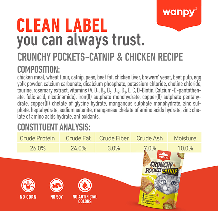 Recompense pentru pisici Wanpy Crunchy Pockets Catnip, cu Pui, 60g [3]