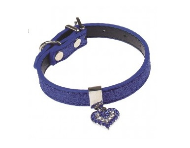 Zgarda pentru caini Pet Expert Glossy Heart, marime S, 1.5 x 27.5 - 35 cm, piele, albastru