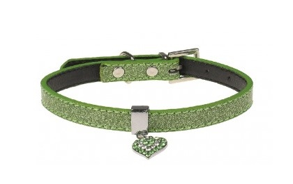 Zgarda pentru caini Pet Expert Glossy Heart, marime S, 1.5 x 27.5 - 35 cm, piele, verde