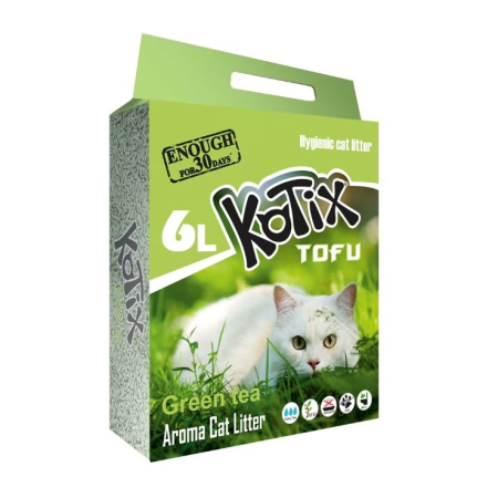 Pisici - Asternut igienic vegetal pentru pisici Kotix Tofu, Ceai Verde, 6L, 2.5Kg