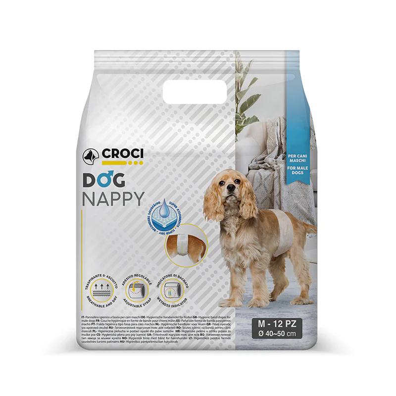 Scutece - Banda incontineta urinara pentru caini Croci Dog Nappy M, Mascul, 40-50 cm, 12 bucati